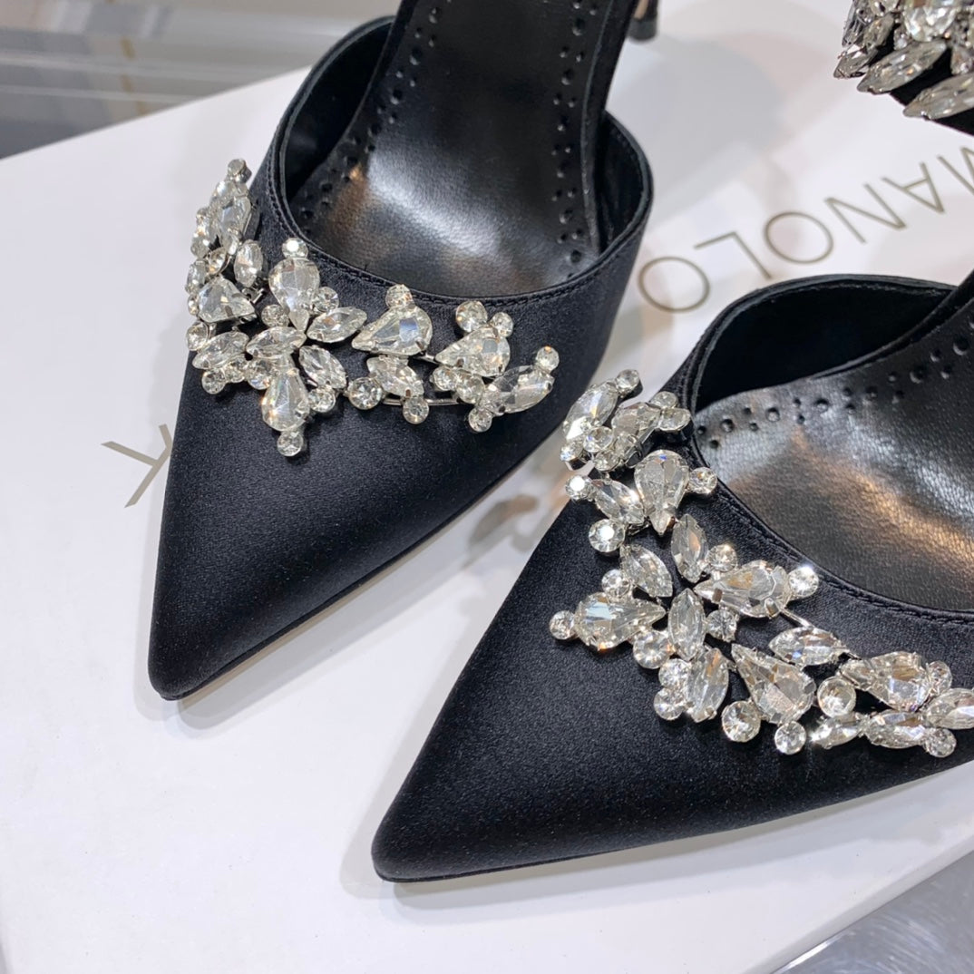 Manolo Mules Crystal Black Silk Satin 219377