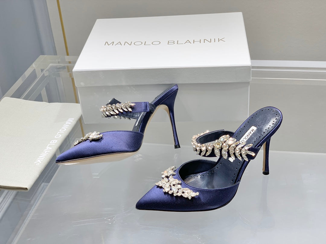 Manolo Mules Crystal Navy Blue Silk Satin 219378