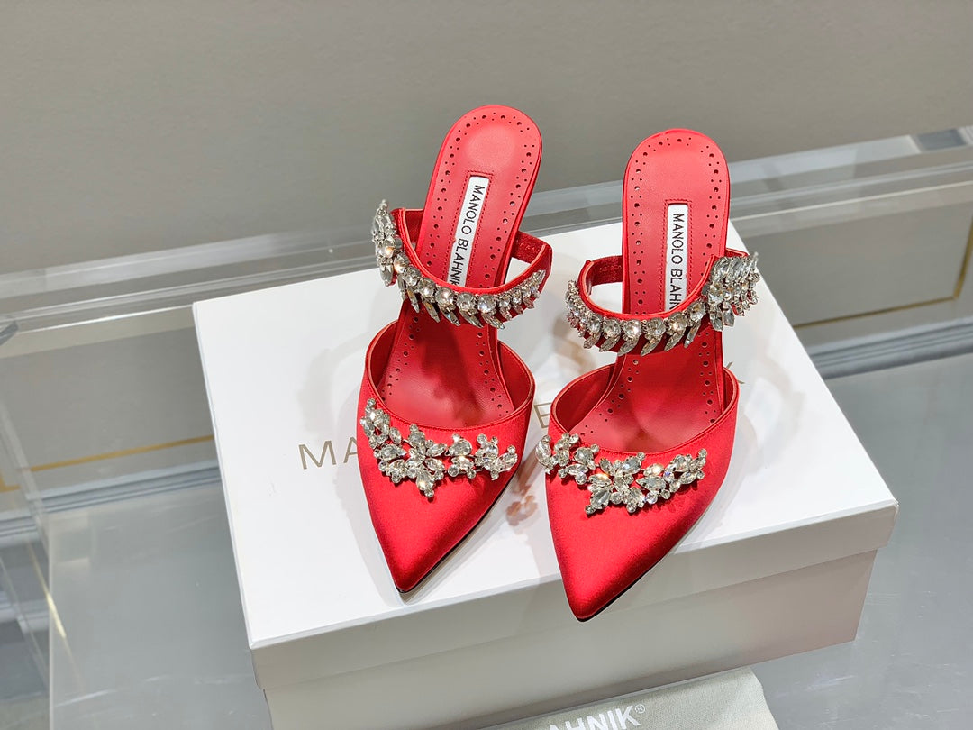 Manolo Mules Crystal Red Silk Satin 219379