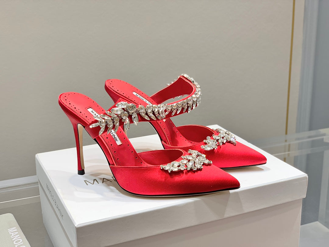 Manolo Mules Crystal Red Silk Satin 219379