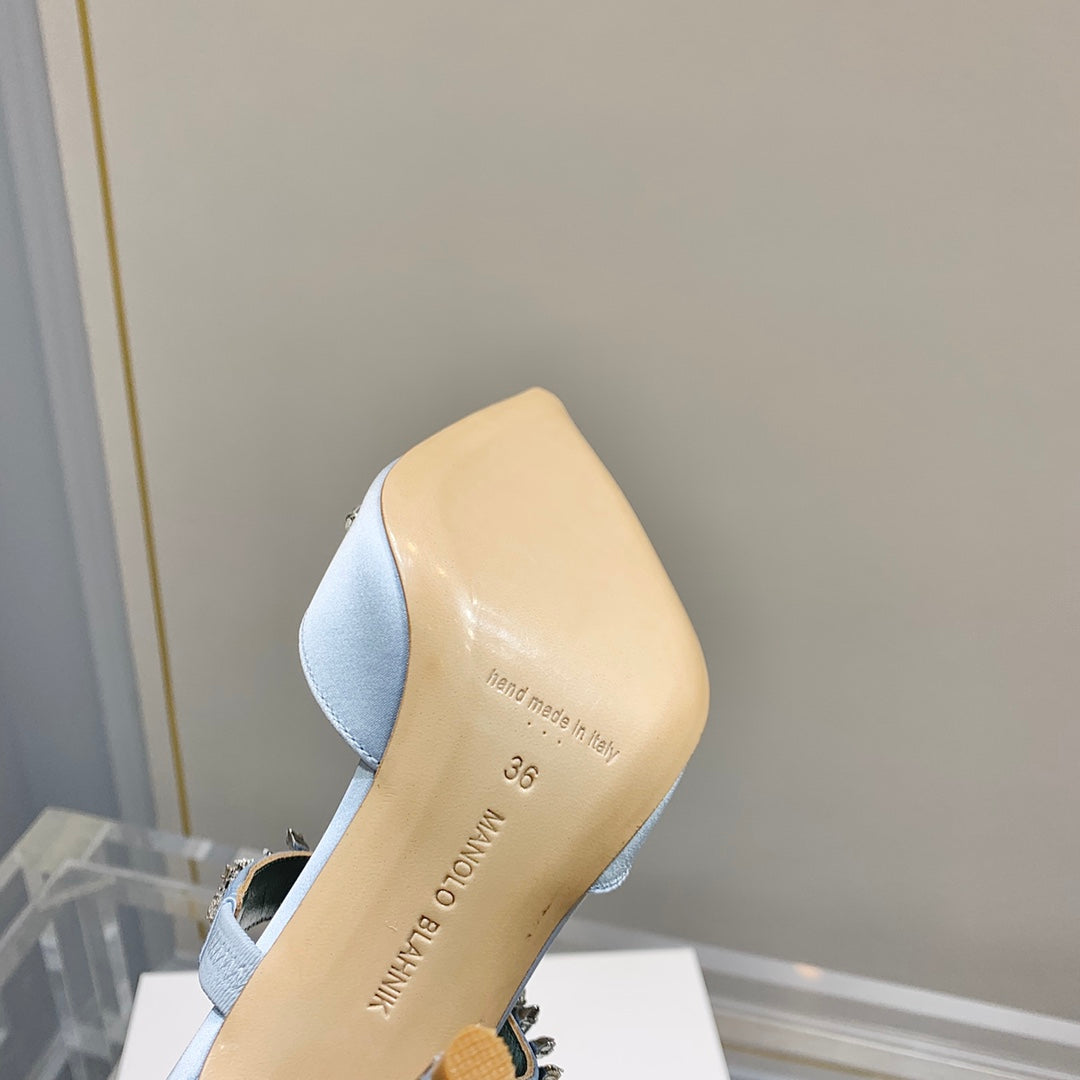 Manolo Mules Crystal Blue Silk Satin 219380