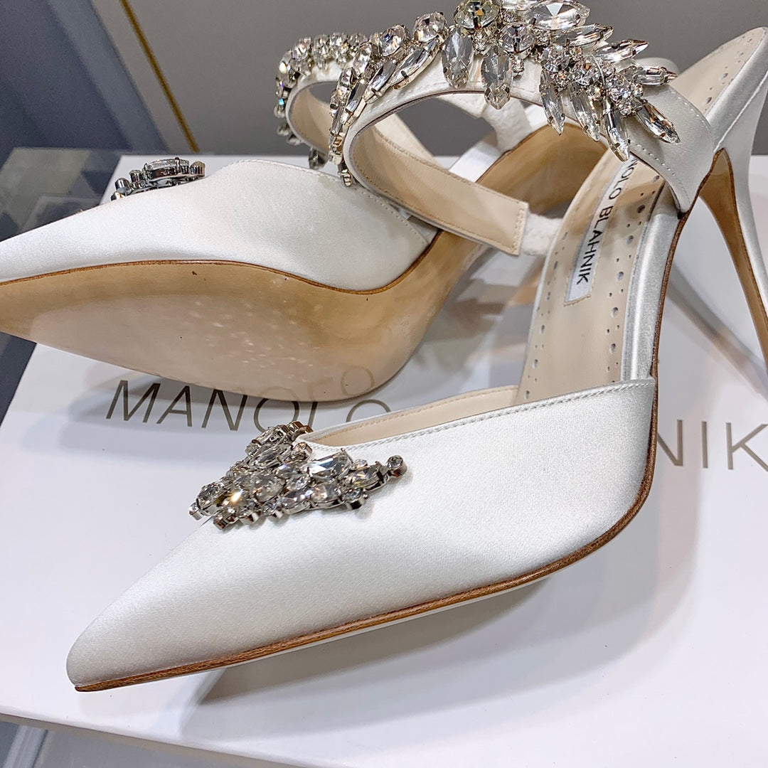 Manolo Mules Crystal White Silk Satin 219381