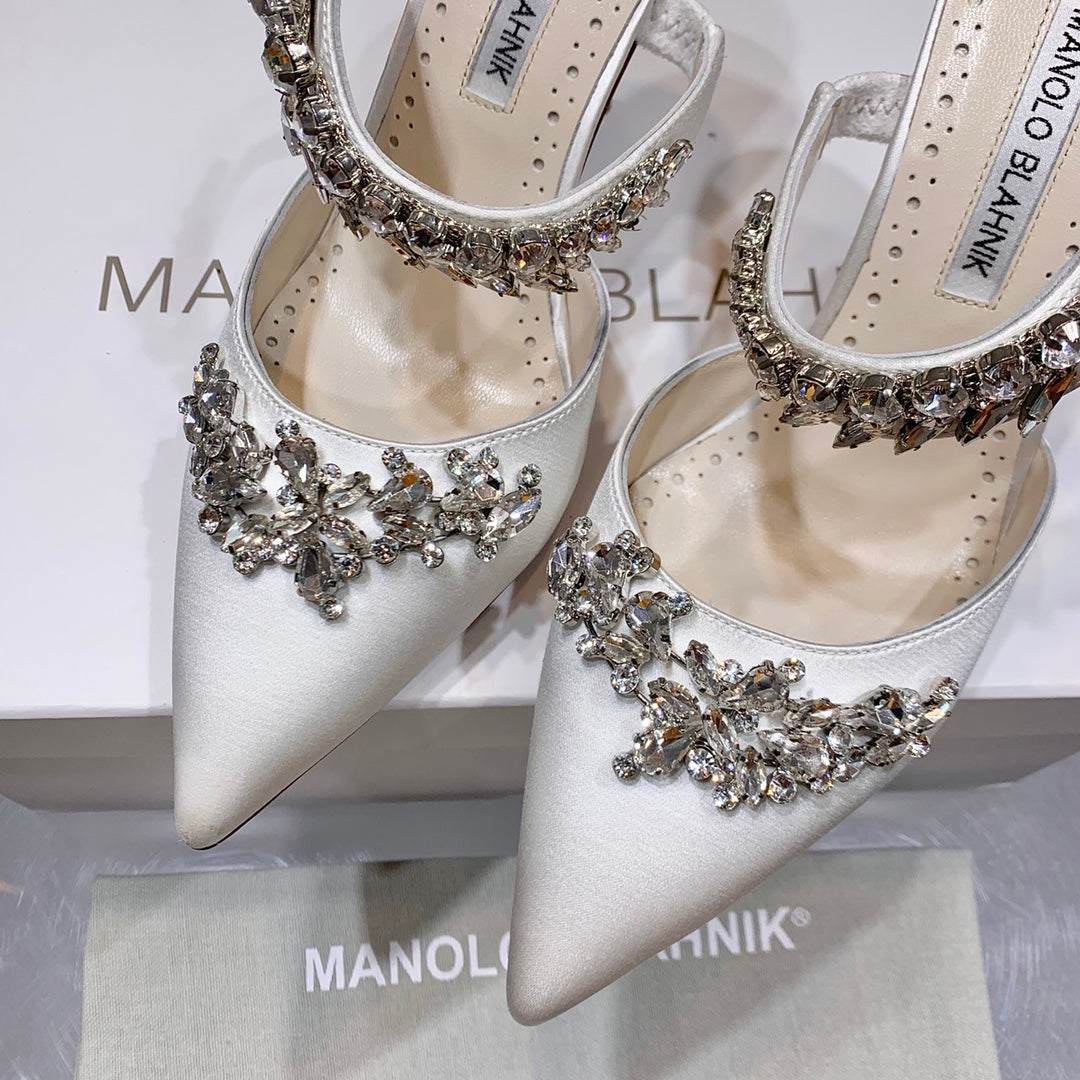 Manolo Mules Crystal White Silk Satin 219381