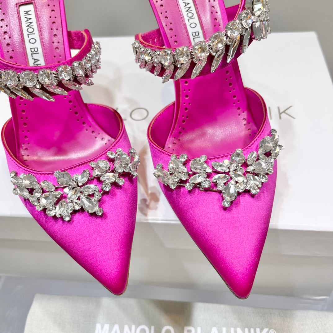 Manolo Mules Crystal Dark Pink Silk Satin 219382