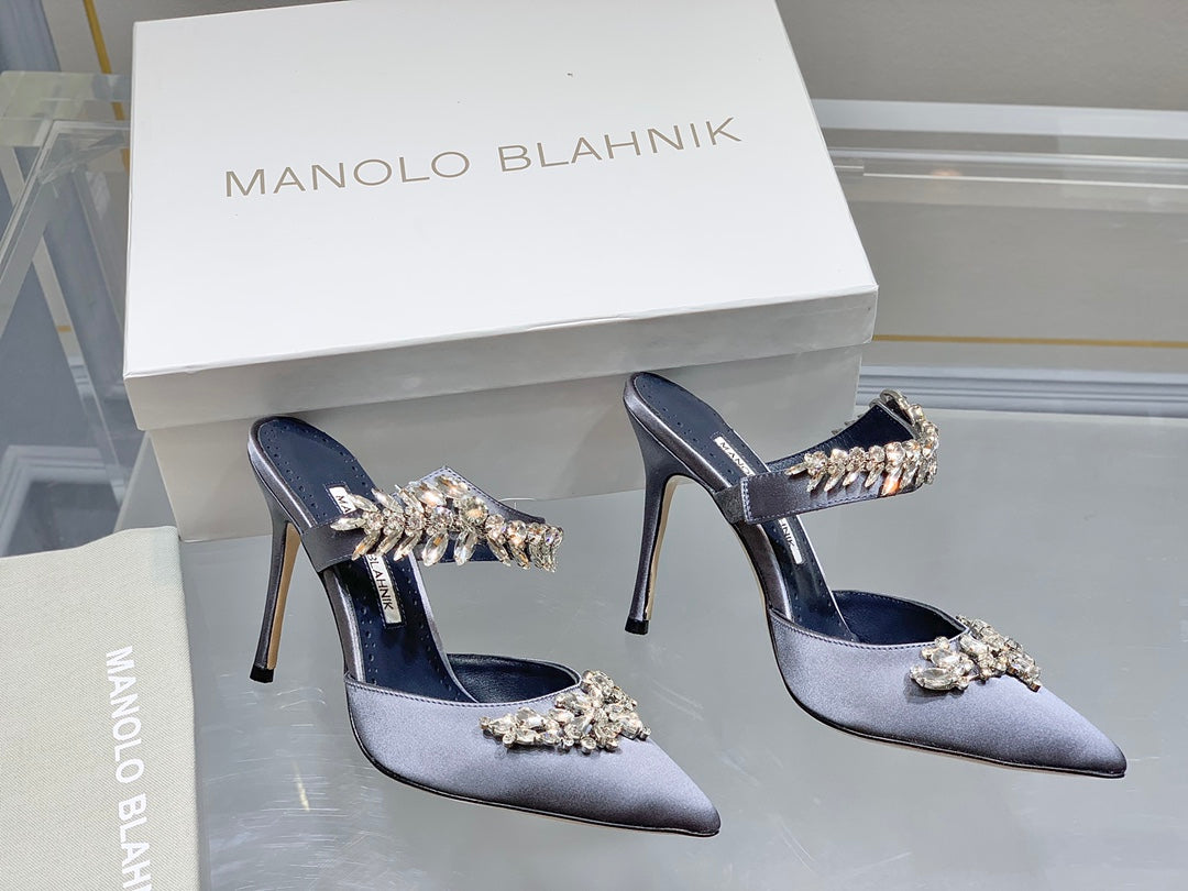 Manolo Mules Crystal Grey Silk Satin 219383