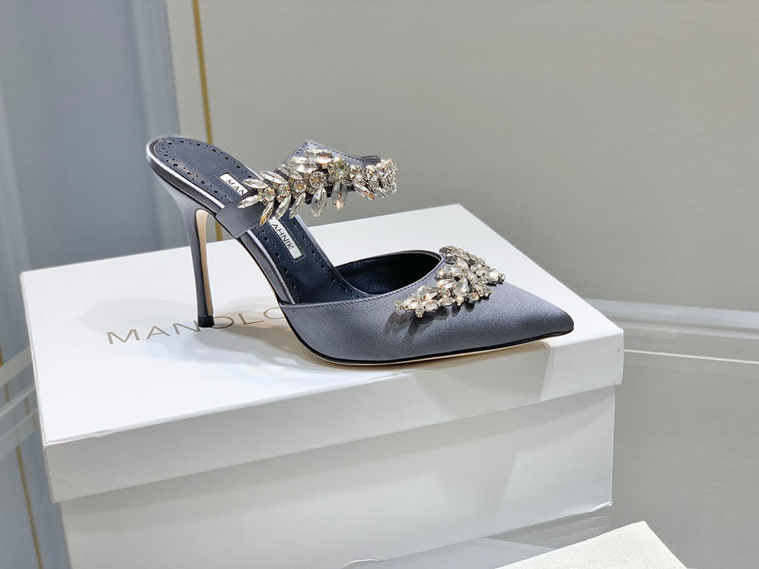 Manolo Mules Crystal Grey Silk Satin 219383