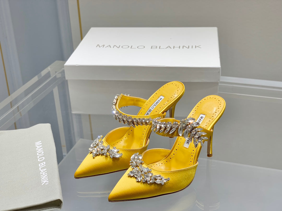 Manolo Mules Crystal Yellow Silk Satin 219384