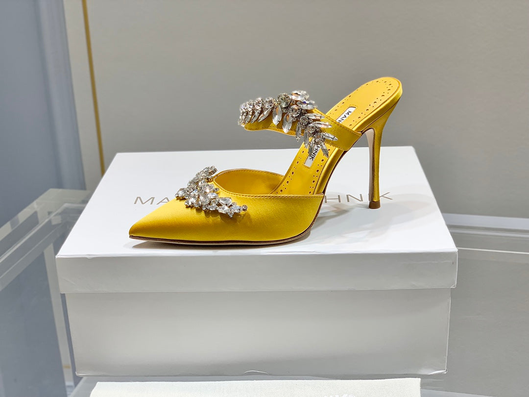 Manolo Mules Crystal Yellow Silk Satin 219384