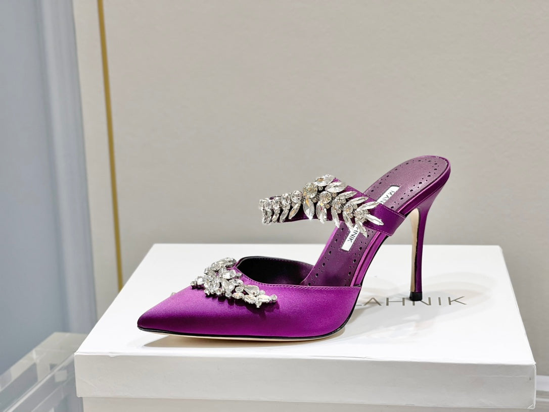 Manolo Mules Crystal Purple Silk Satin 219385