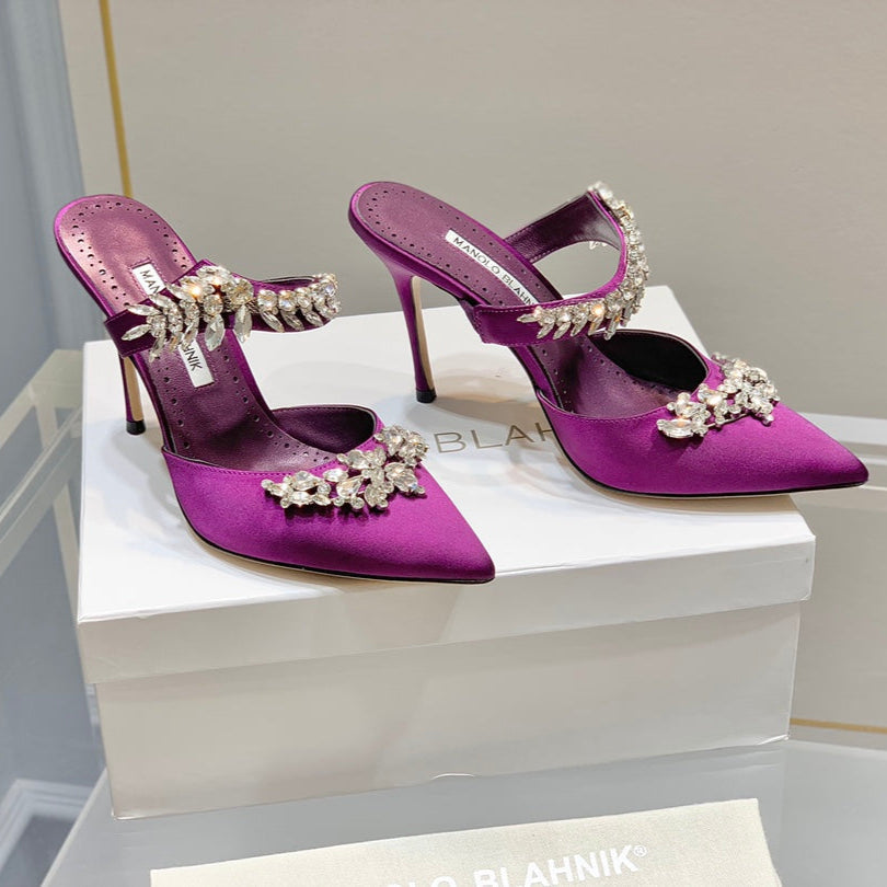 Manolo Mules Crystal Purple Silk Satin 219385