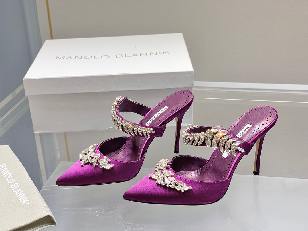 Manolo Mules Crystal Purple Silk Satin 219385