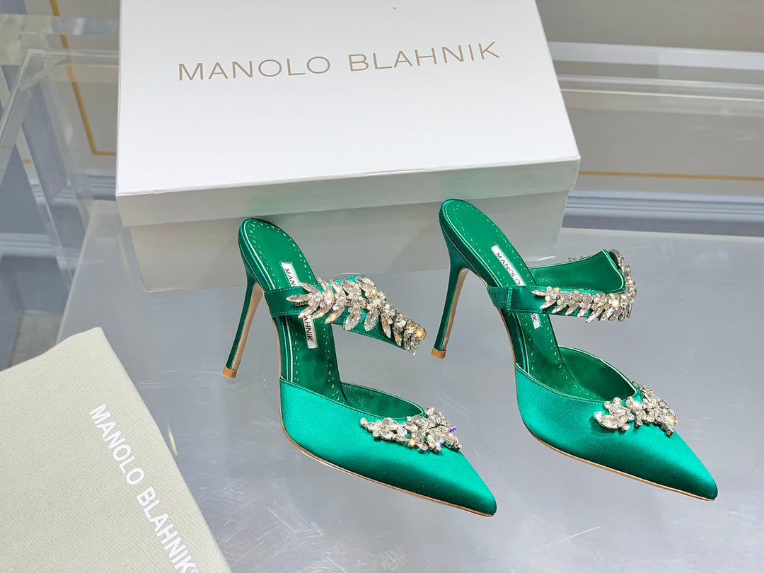 Manolo Mules Crystal Green Silk Satin 219387