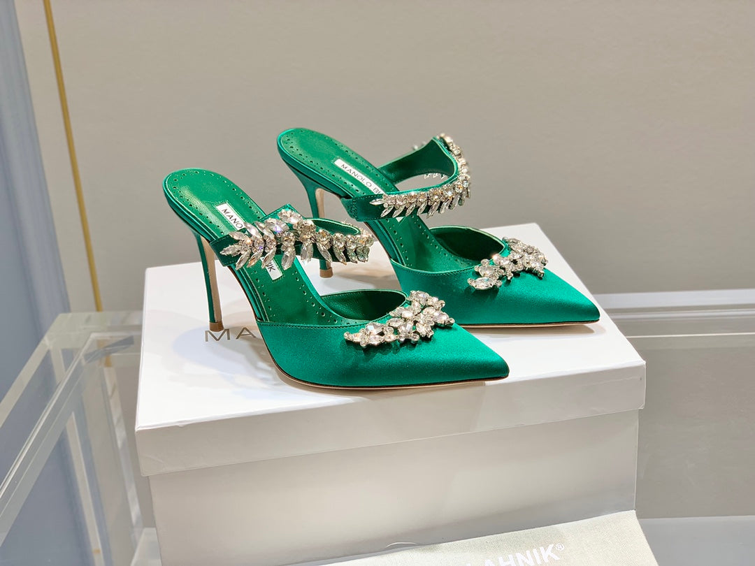 Manolo Mules Crystal Green Silk Satin 219387