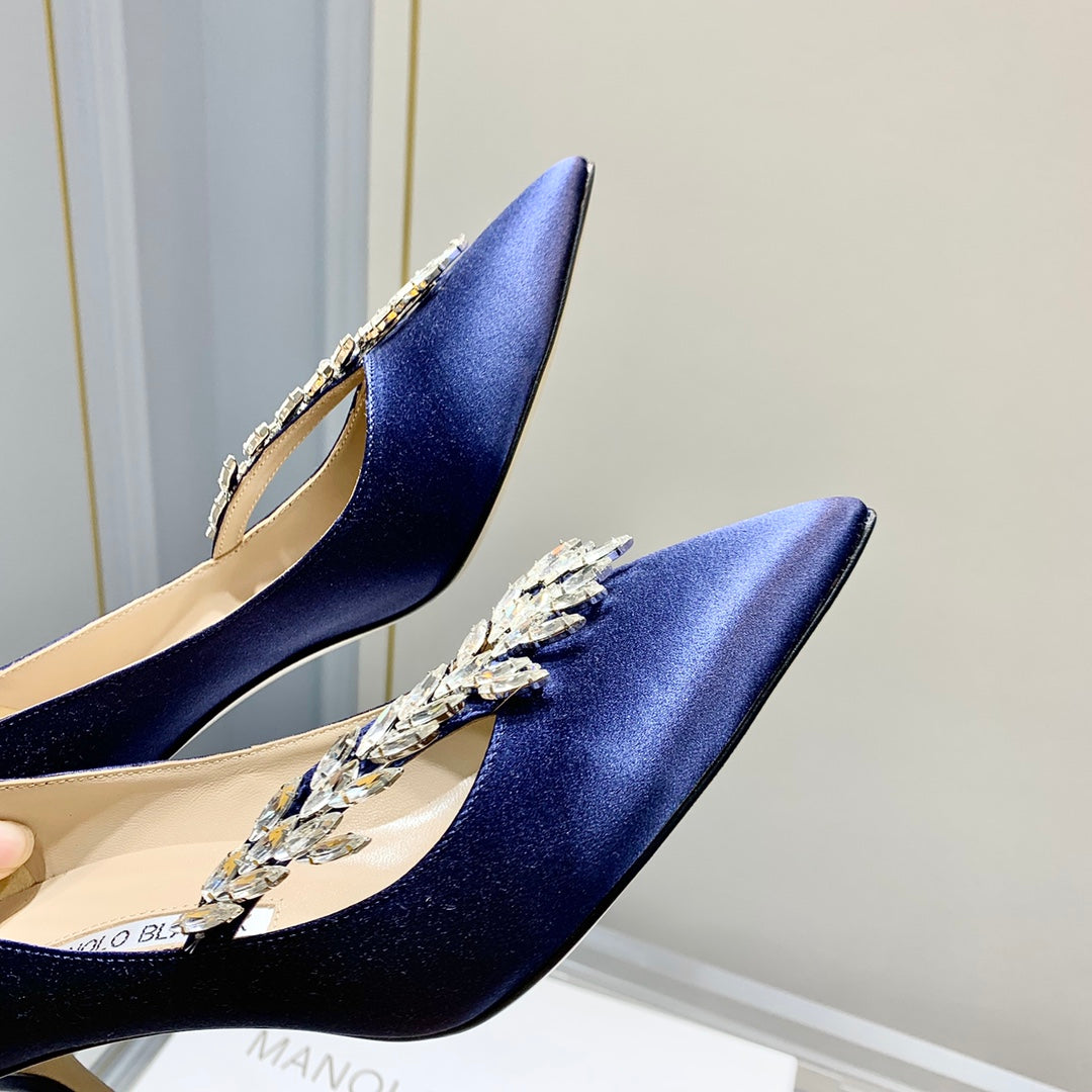 Manolo Wheat Ear Rhinestone High Heels Pumps Navy Blue Silk Fabric 327449