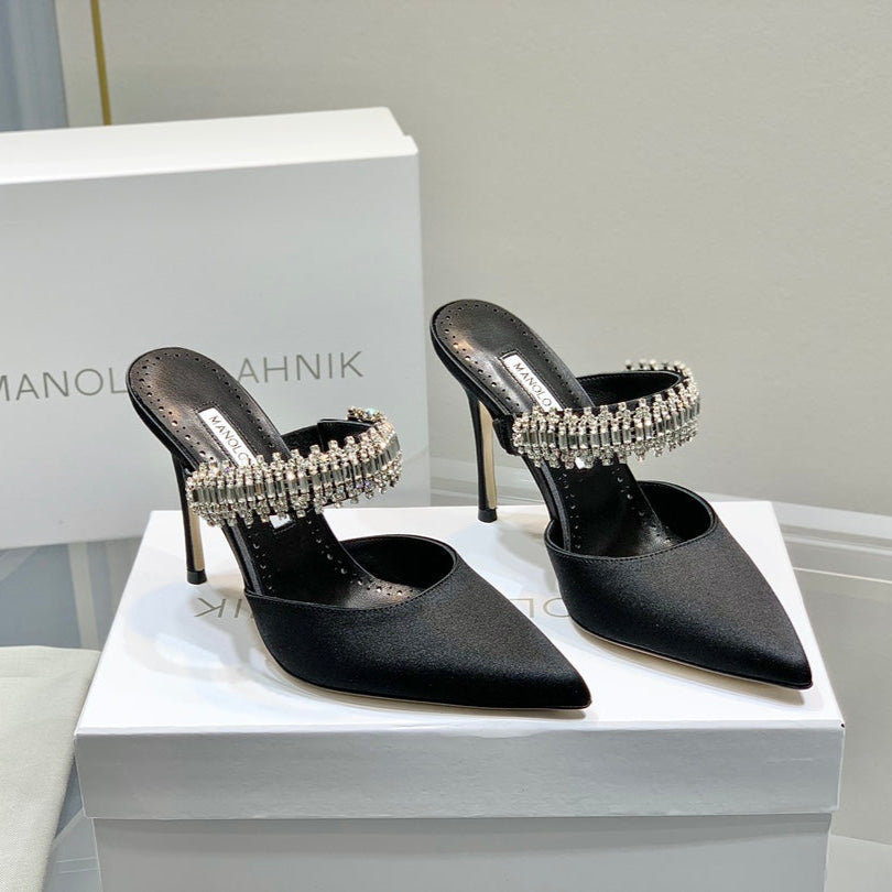 Manolo Mules Diamond Buckle Black Silk Satin 218812