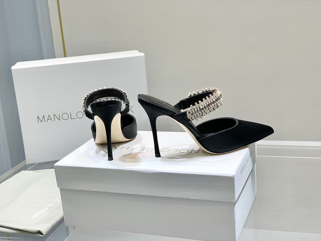 Manolo Mules Diamond Buckle Black Silk Satin 218812