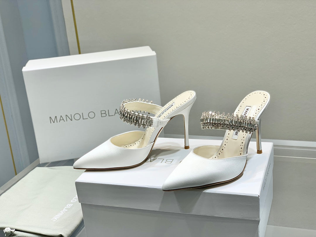 Manolo Mules Diamond Buckle White Silk Satin 218814