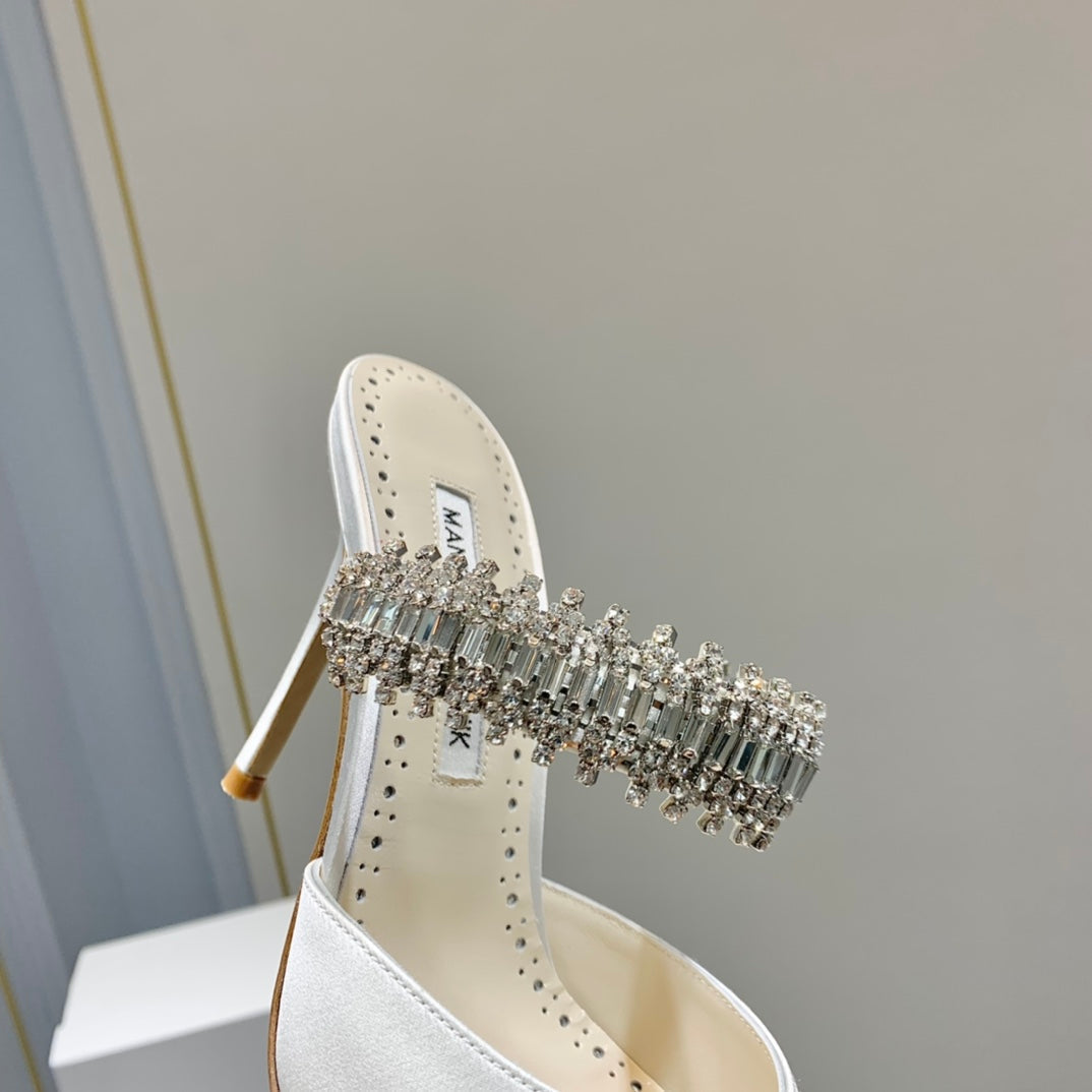 Manolo Mules Diamond Buckle White Silk Satin 218814