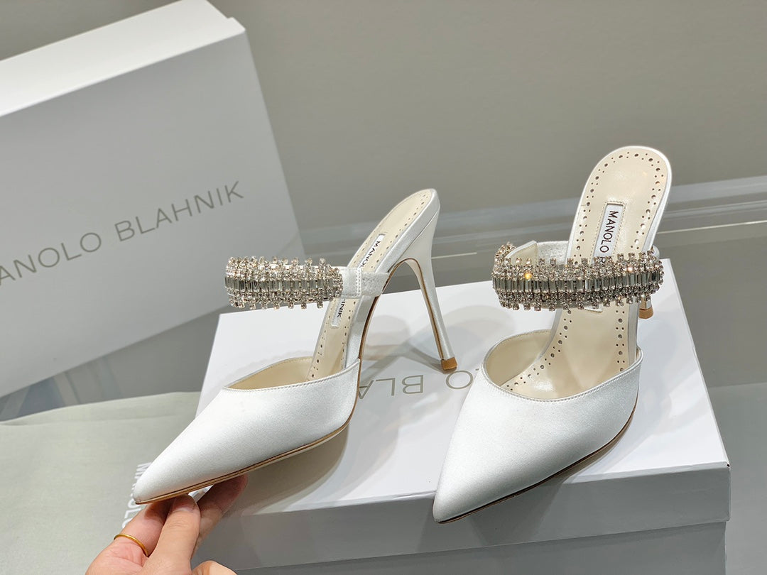 Manolo Mules Diamond Buckle White Silk Satin 218814