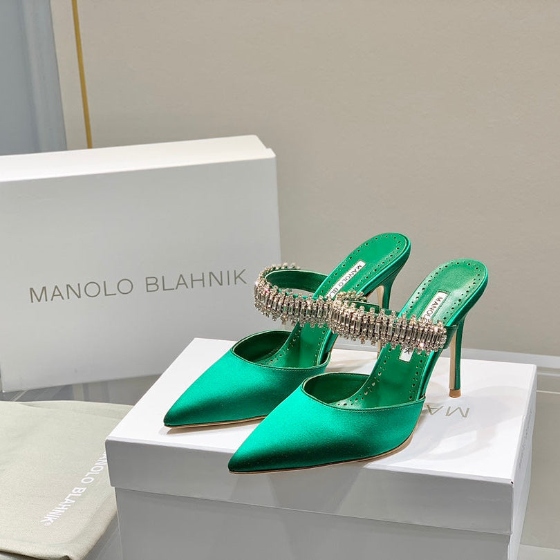 Manolo Mules Diamond Buckle Green Silk Satin 218813