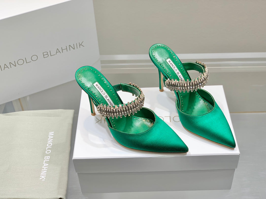 Manolo Mules Diamond Buckle Green Silk Satin 218813