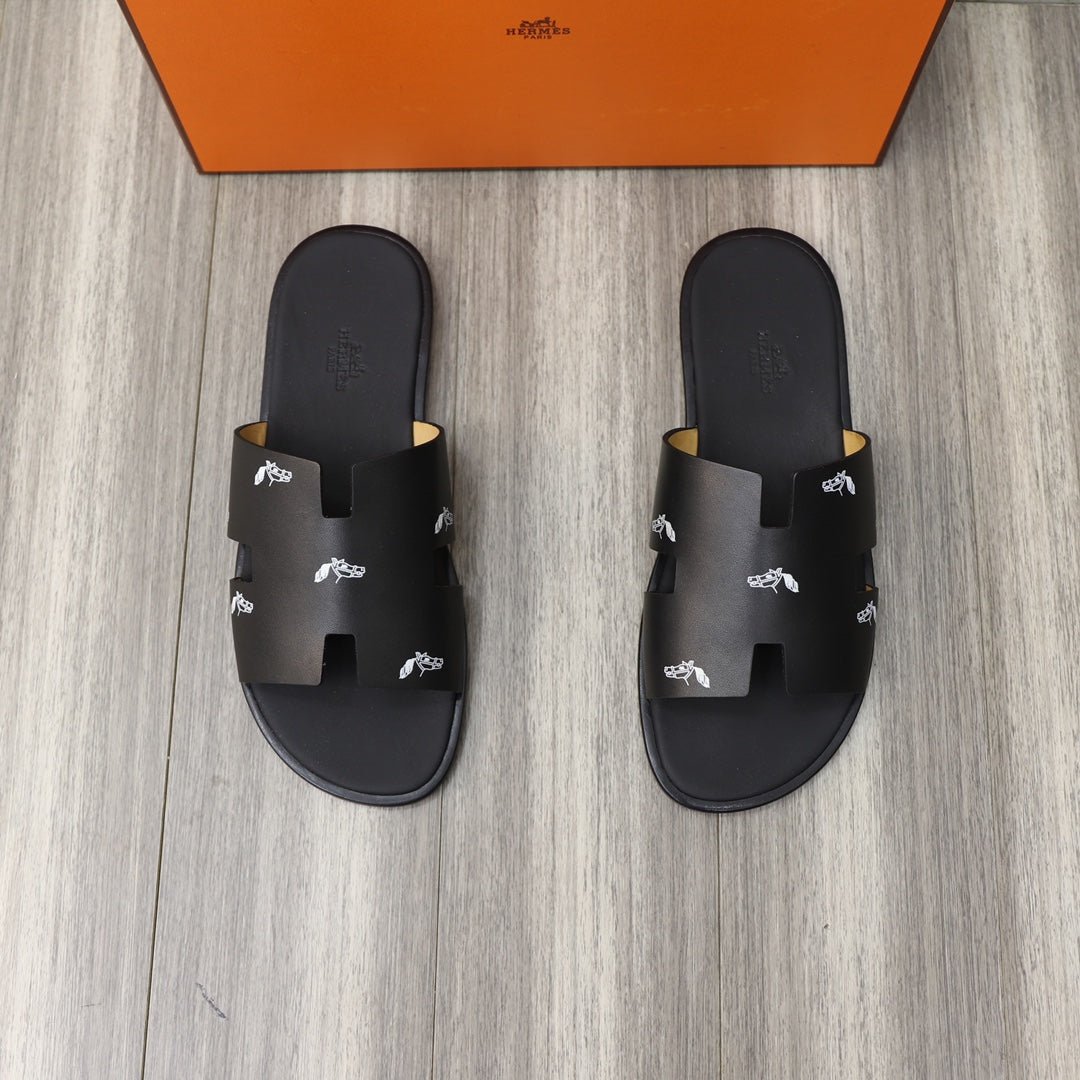 HM IZMIR SANDAL BLACK WITH WHITE ICON CALFSKIN