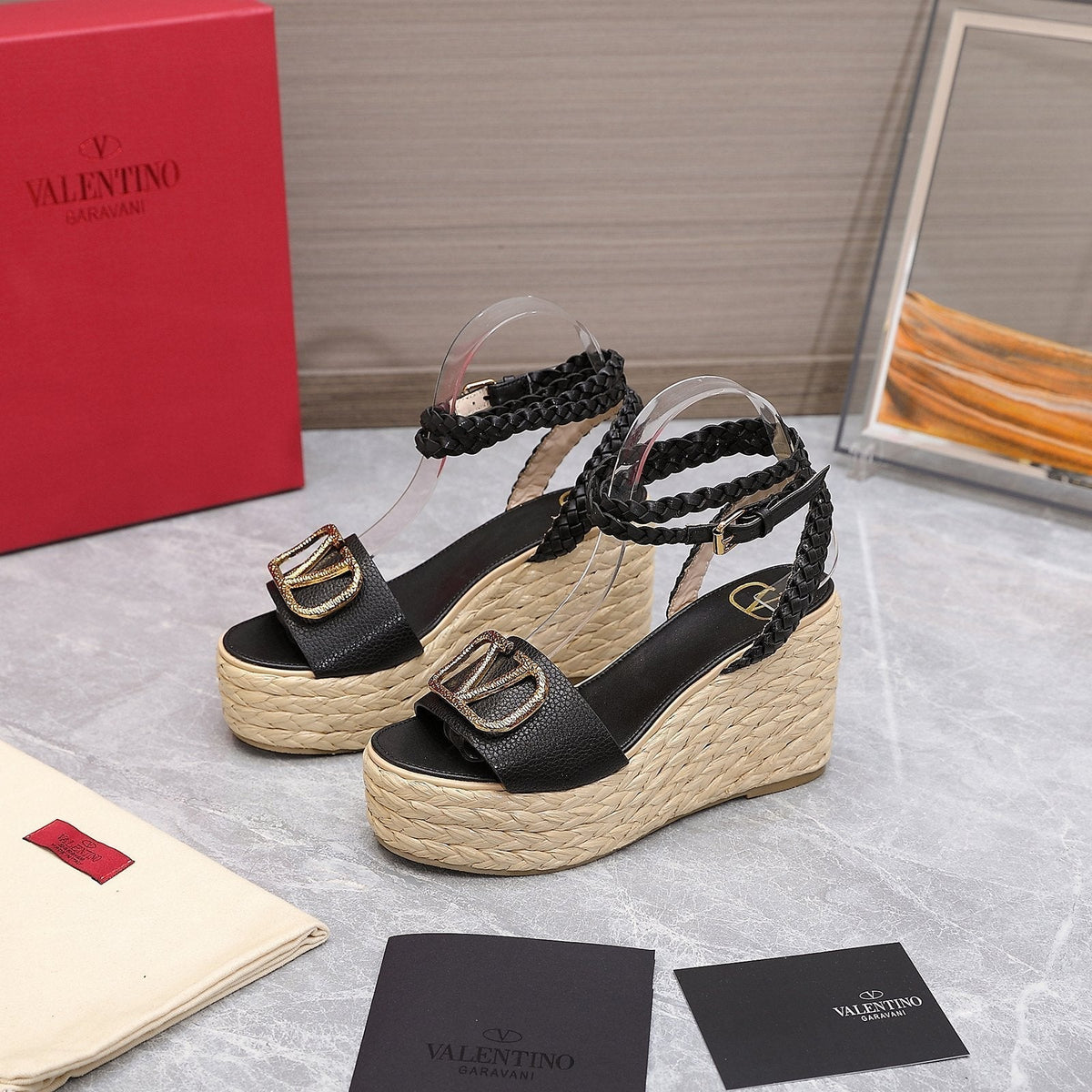 VT Wedge Platform Sandals Black Cowhide Espadrilles 363030
