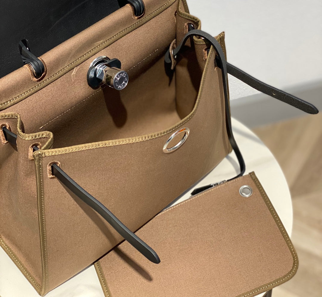 Herbag 31 Toile Brown Canvas Black Cowhide Leather