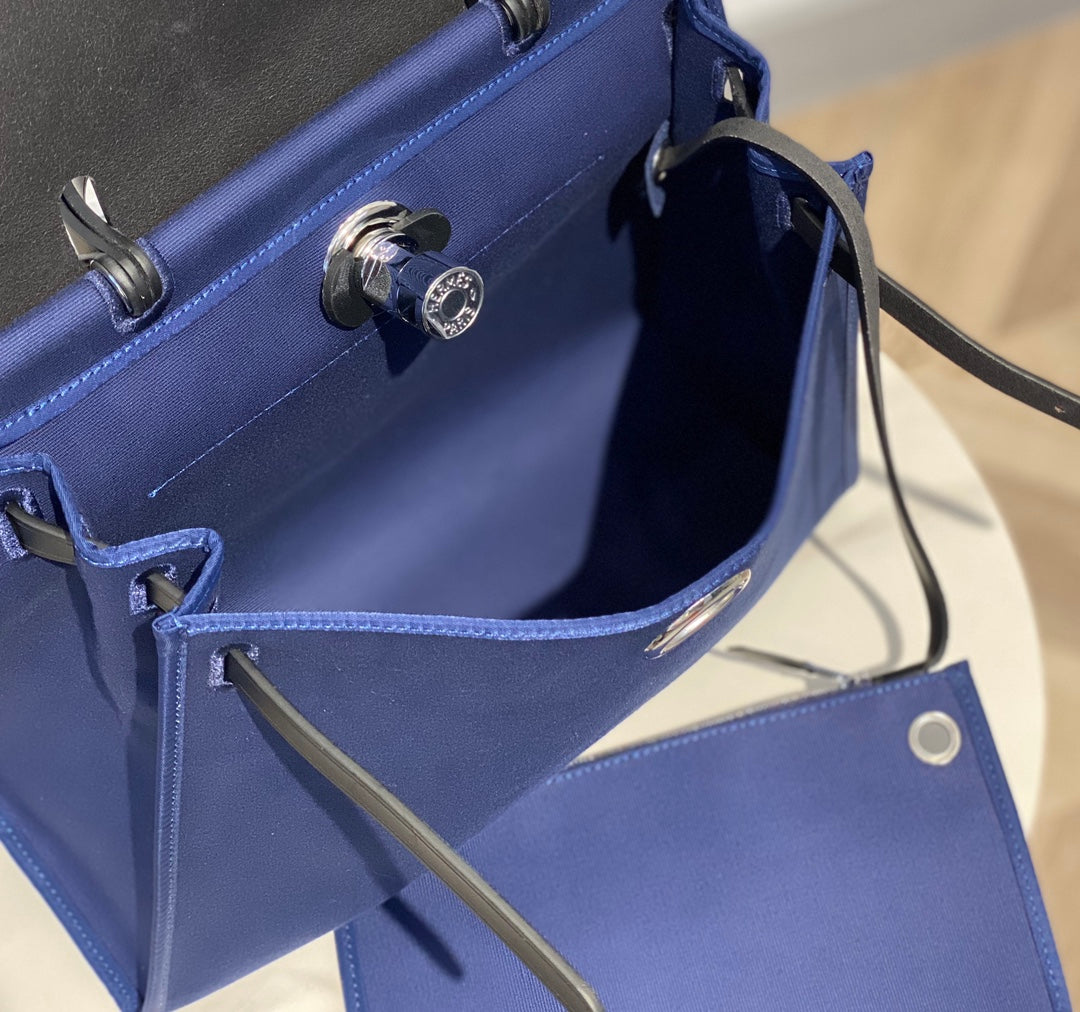 Herbag 31 Toile Blue Canvas Black Cowhide Leather