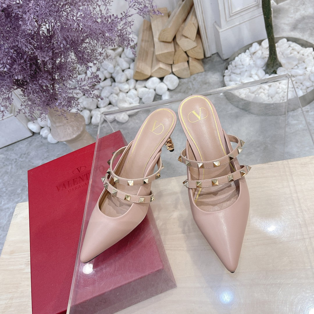 Valentino Rockstud Tower Heel Mules Sheepskin 239526