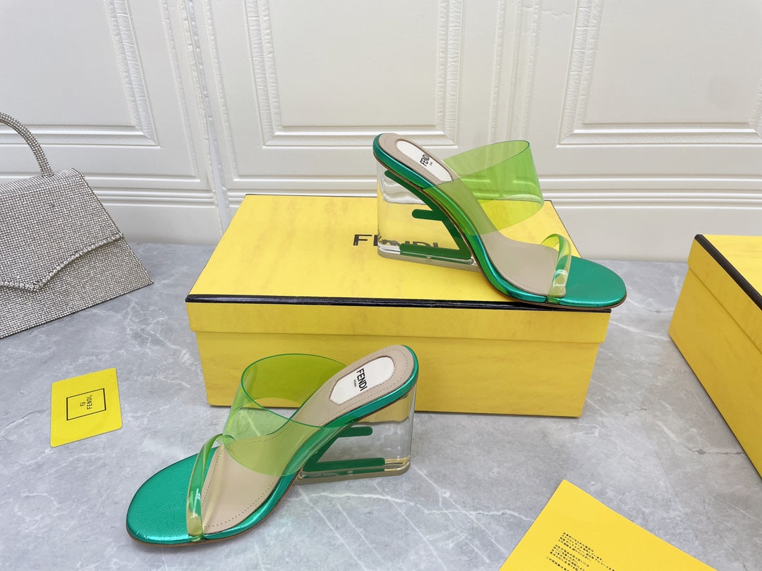 FENDI FIRST 95 MM HIGH-HEELED SANDAL IN GREEN FERN TPU FILM AND LAMBSKIN