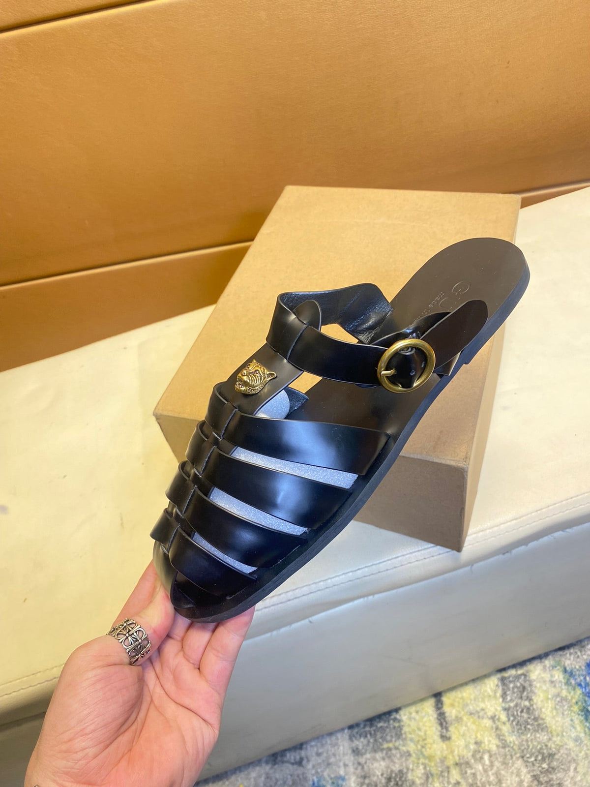 GG Men's Sandals Black Cowhide