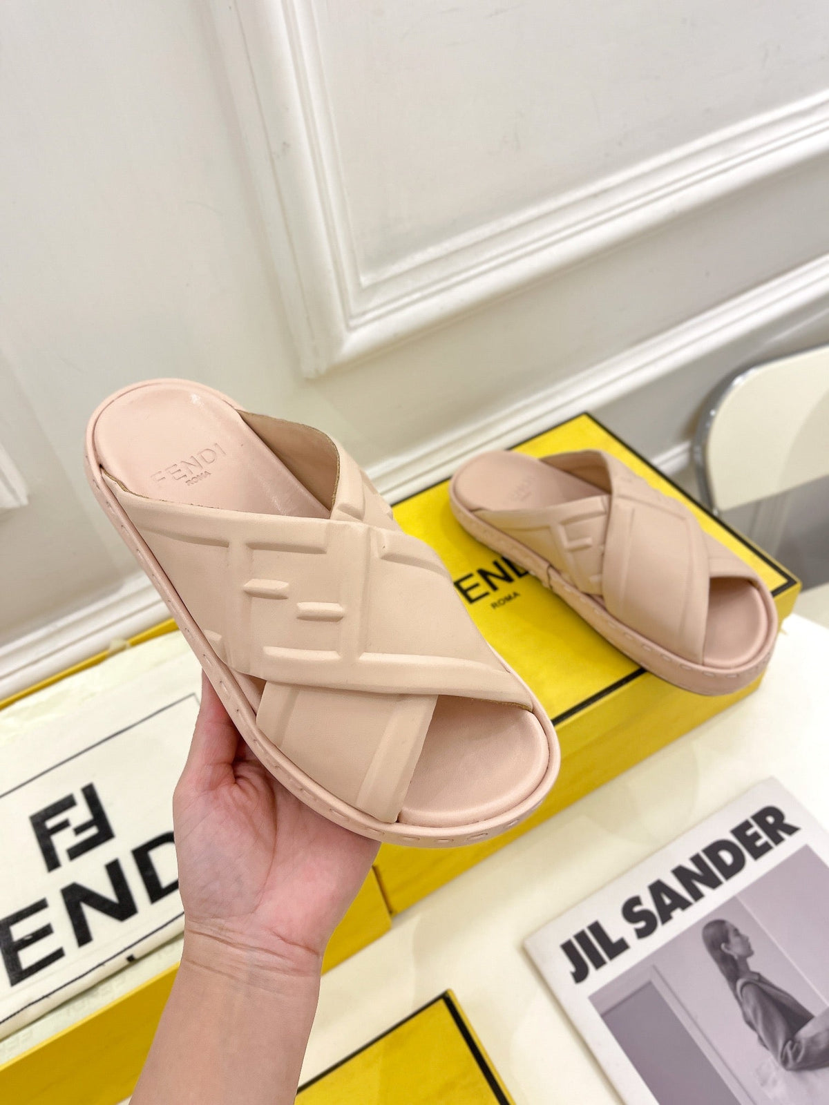 FENDI CROSSOVER SLIPPER IN PALE PINK CALFSKIN