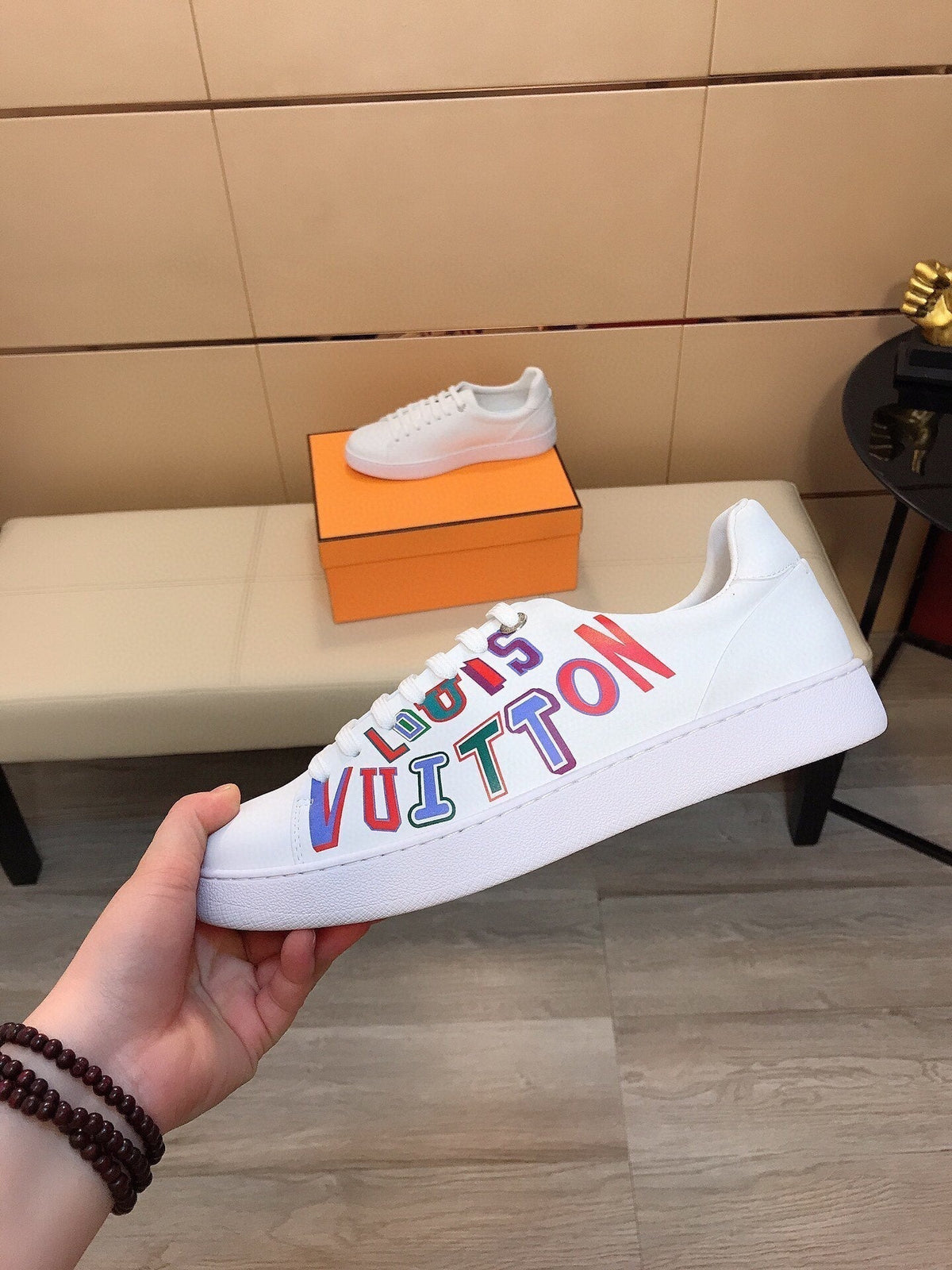 LV TRAINER WHITE CALFSKIN WITH COLORFUL LOGO