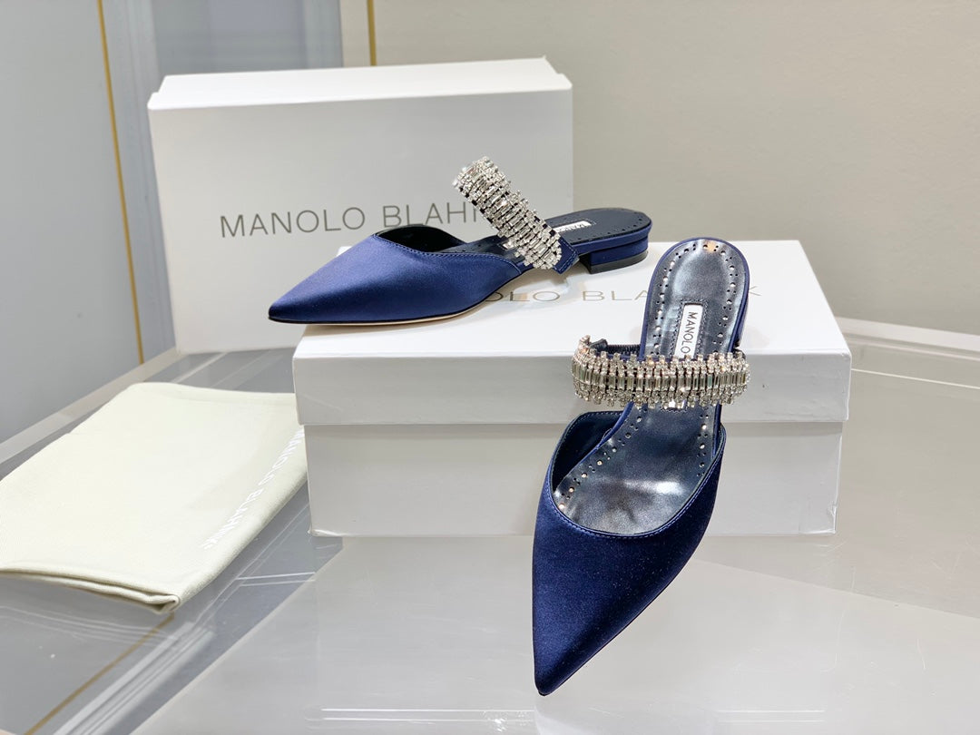 Manolo Flats Mules Diamond Buckle Navy Blue Silk Satin 327482