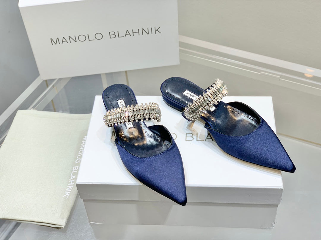 Manolo Flats Mules Diamond Buckle Navy Blue Silk Satin 327482