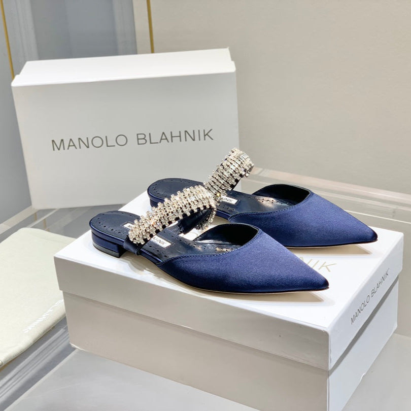 Manolo Flats Mules Diamond Buckle Navy Blue Silk Satin 327482
