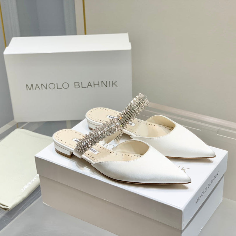 Manolo Flats Mules Diamond Buckle White Silk Satin 327486