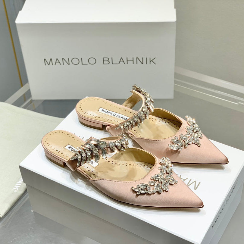 Manolo Flats Mules Crystal Pink Nude Silk Satin 327468