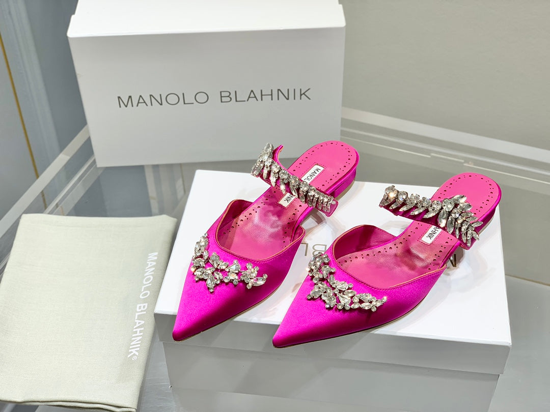 Manolo Flats Mules Crystal Dark Pink Silk Satin 327469