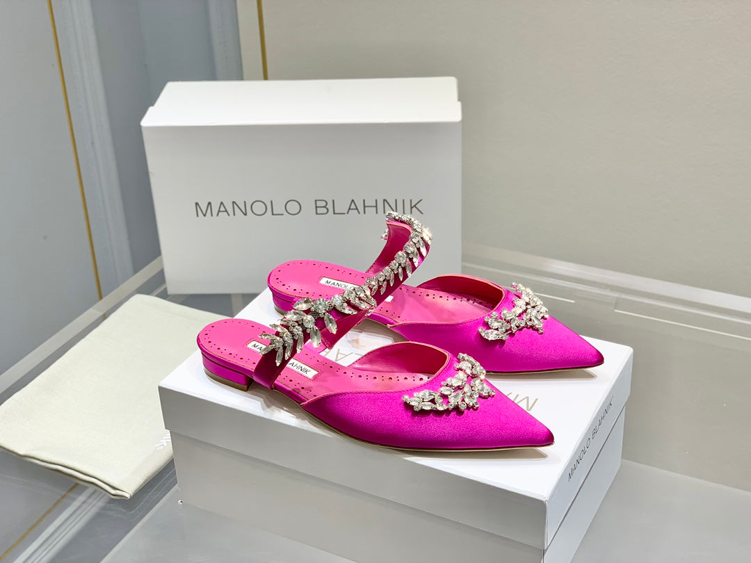 Manolo Flats Mules Crystal Dark Pink Silk Satin 327469