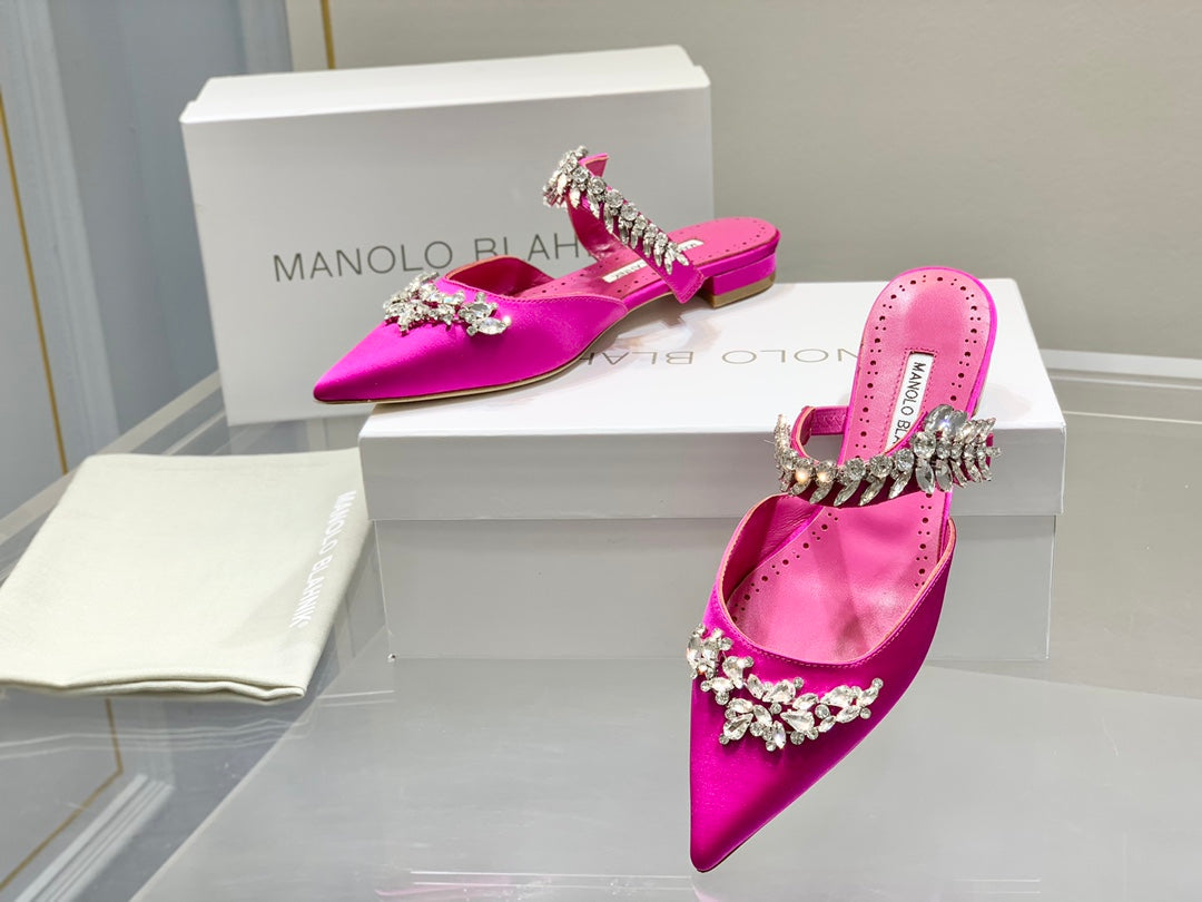Manolo Flats Mules Crystal Dark Pink Silk Satin 327469