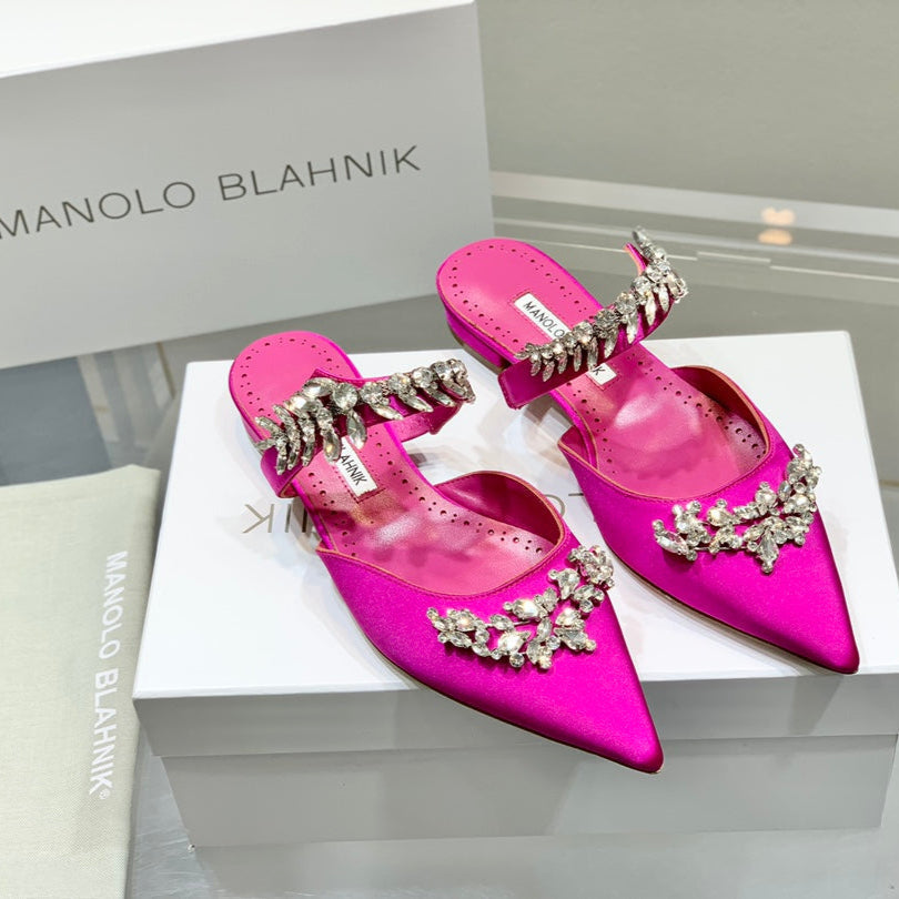 Manolo Flats Mules Crystal Dark Pink Silk Satin 327469