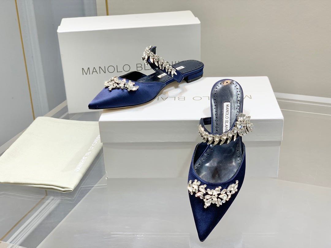 Manolo Flats Mules Crystal Navy Blue Silk Satin 327470