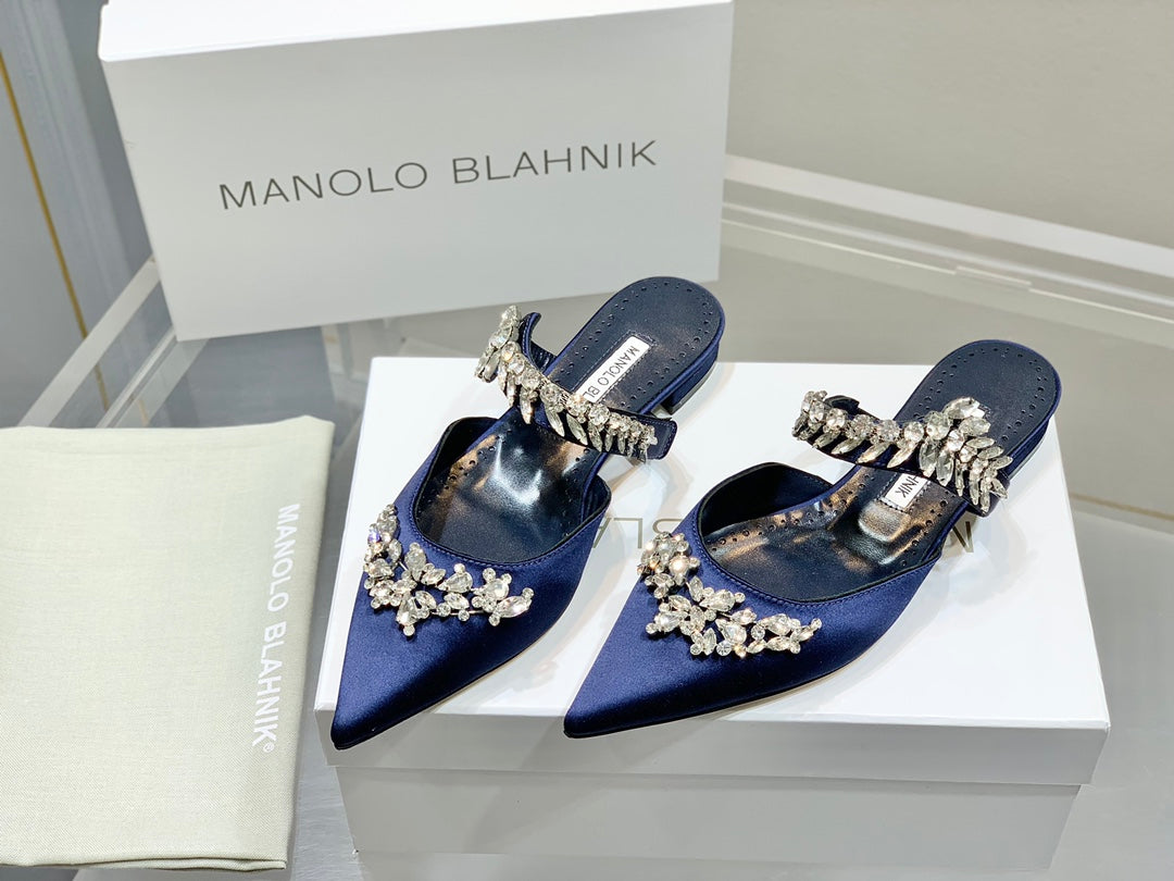 Manolo Flats Mules Crystal Navy Blue Silk Satin 327470