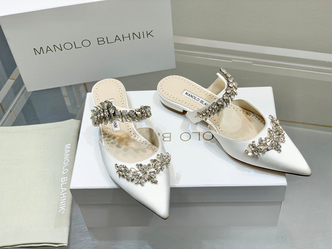 Manolo Flats Mules Crystal White Silk Satin 327471