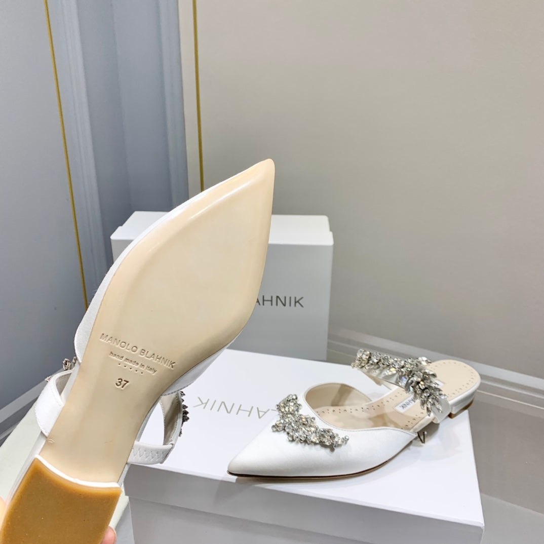 Manolo Flats Mules Crystal White Silk Satin 327471