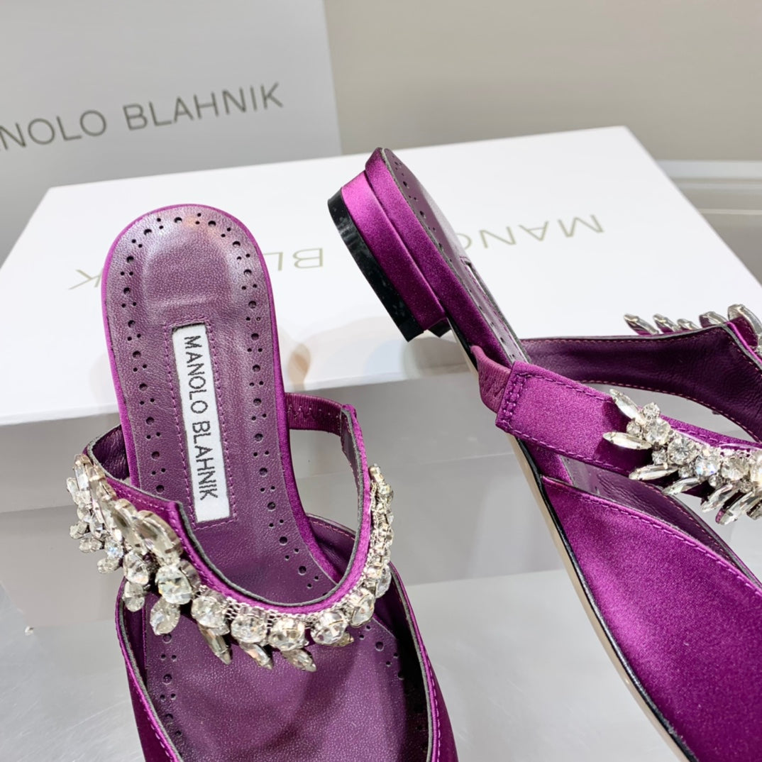 Manolo Flats Mules Crystal Purple Silk Satin 327473
