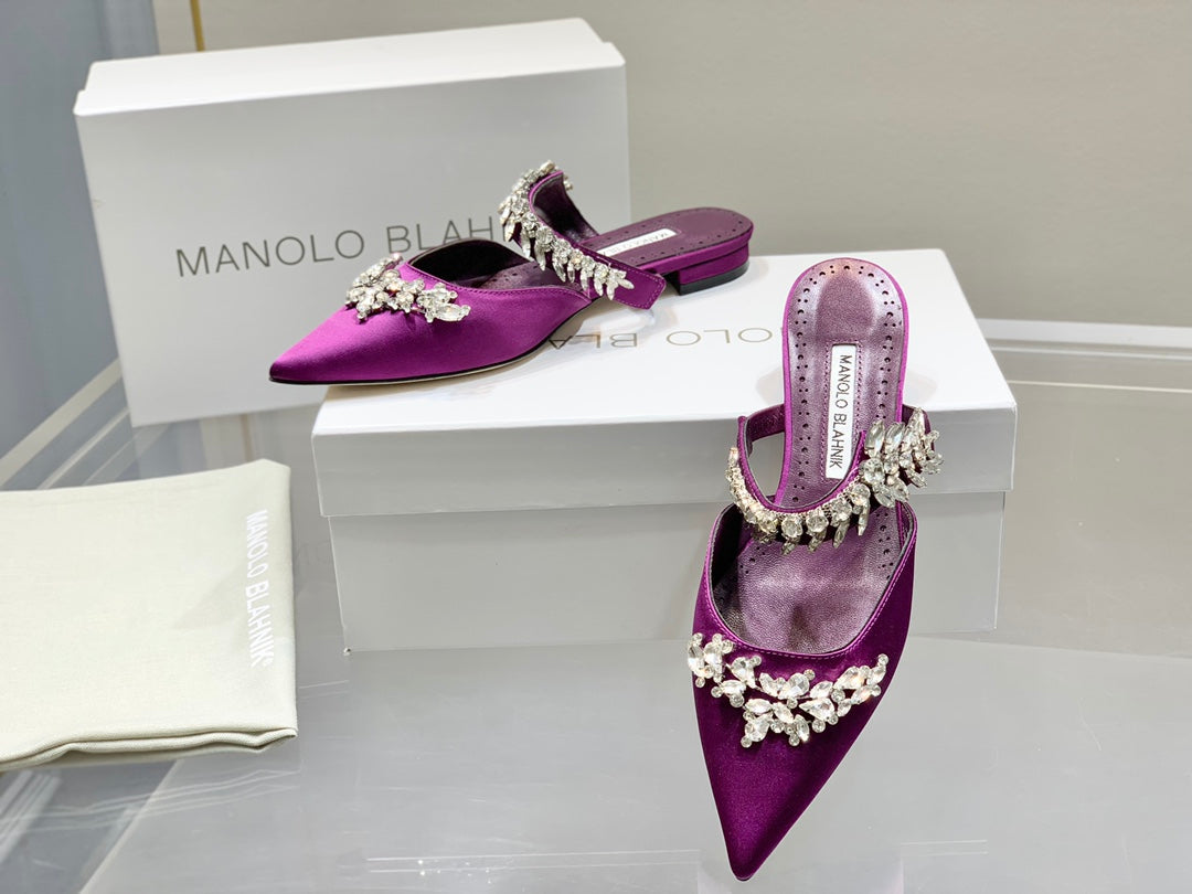 Manolo Flats Mules Crystal Purple Silk Satin 327473