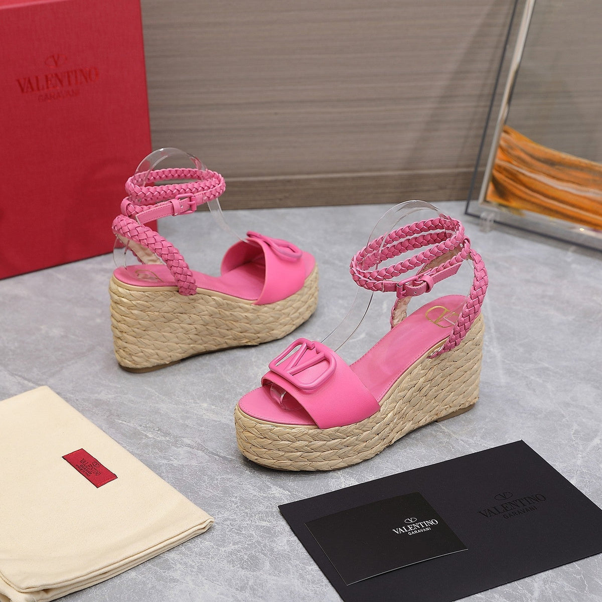 VT Wedge Platform Sandals Pink Cowhide Espadrilles